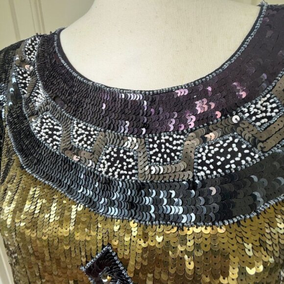 FRENCH CONNECTION Carnival Sequin Black Gold Short Sleeve Top Size 10 - Picture 11 of 16